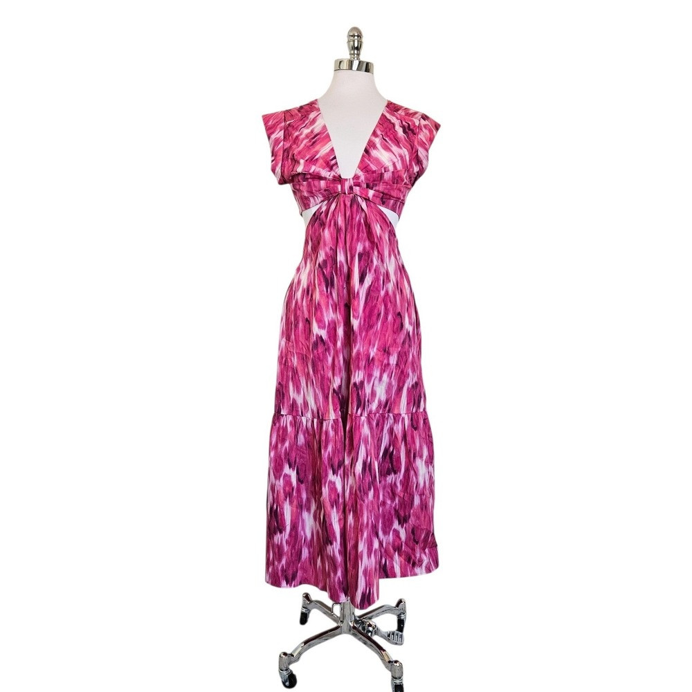 Jason Wu Pink Ikat Print Cutout Midi Dress Tiered Womens‎ Medium - Picture 5 of 11